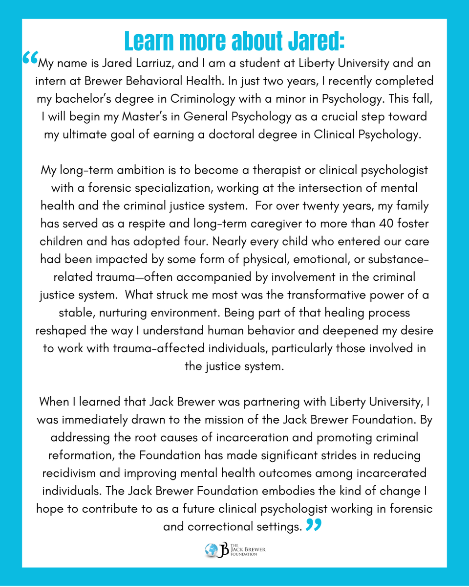 jackbrewerfdn's tweet image. We’re so grateful to have Jared on the Jack Brewer Foundation team as an intern! He has a great heart for our mission, and we’re excited to see the impact he’ll continue to make in the areas of criminal justice reform and behavioral health.