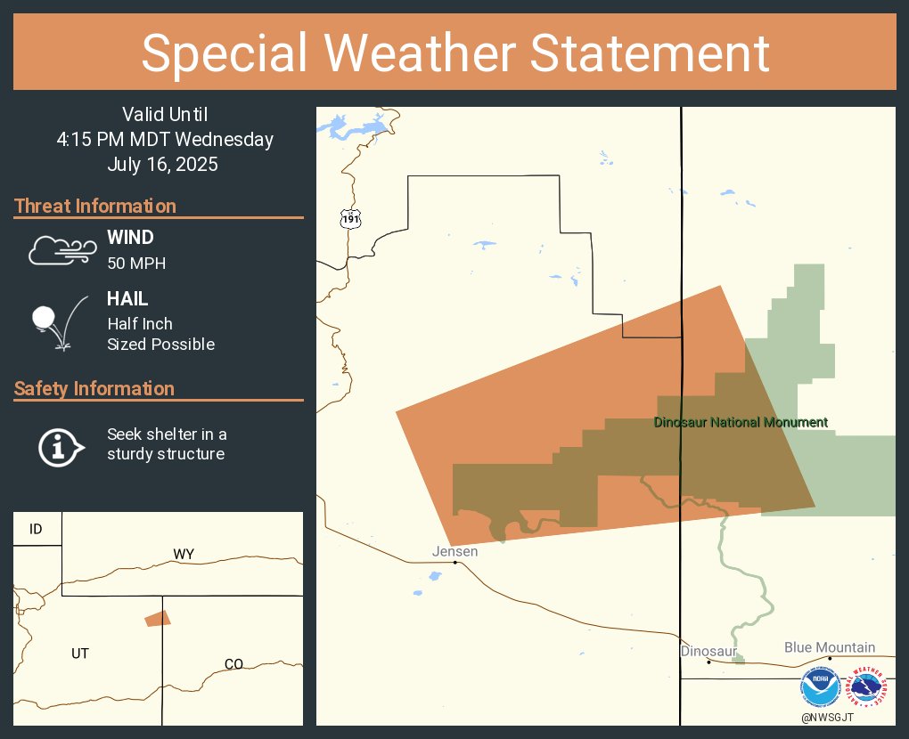 NWSGJT's tweet image. A special weather statement has been issued for Uintah County, UT until 4:15 PM MDT