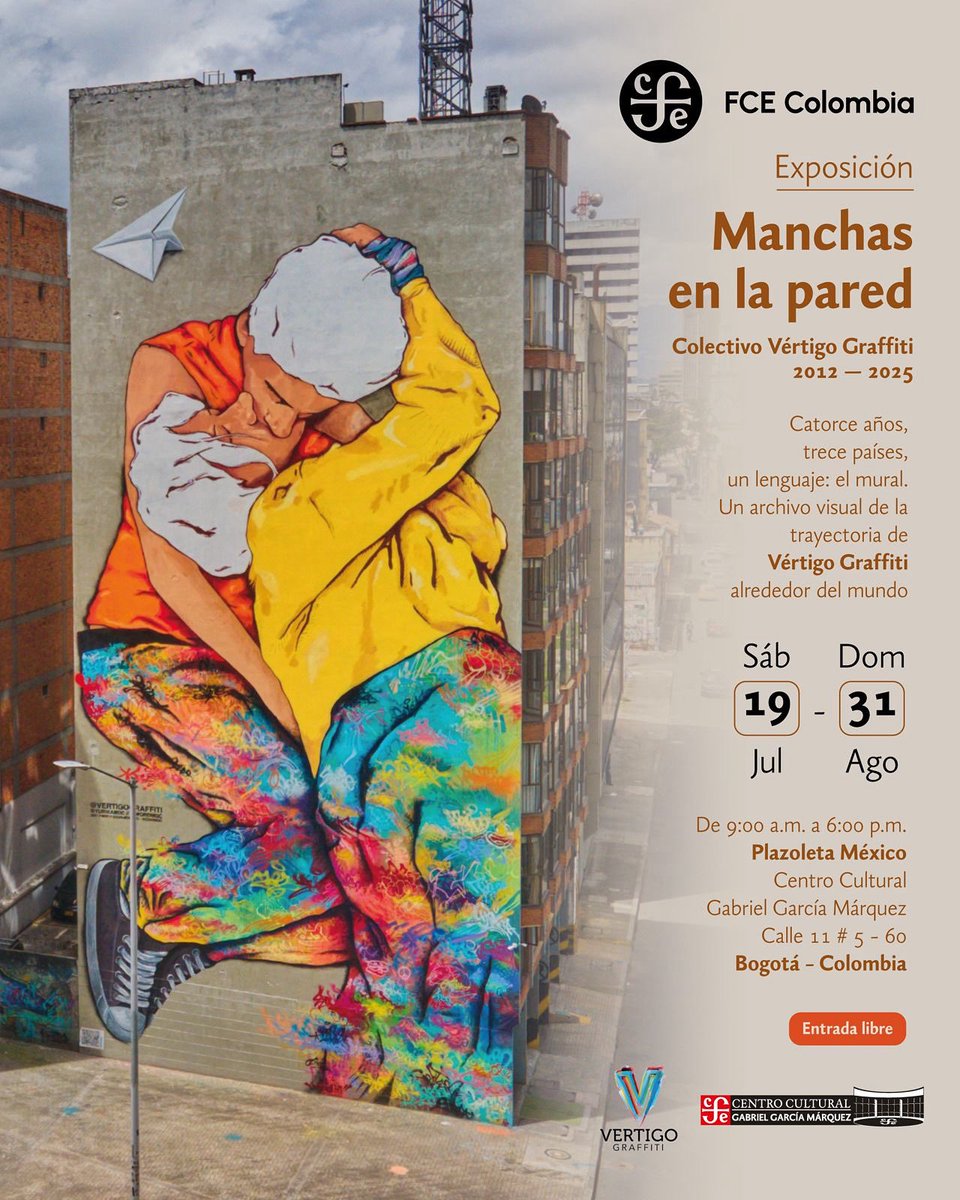 ¡Llega a la Plazoleta México del FCE la exposición Manchas en la pared (2012-2025) 🤩📷

💬 Desde el sábado 19 de julio hasta el sábado 31 de agosto, disfruta de un recorrido visual y narrativo por la trayectoria artística del colectivo <a href="/vertigograffiti/">Vertigo Graffiti</a>.

A través de una muestra