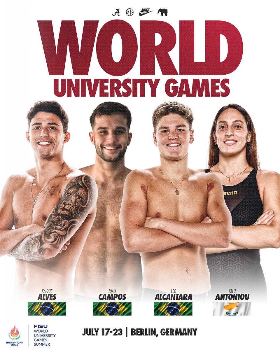 AlabamaSwimDive's tweet image. Good luck to our Crimson Tide swimmers as they represent their countries at the World University Games 💪🏽
📝 rolltide.com/news/2025/7/16…
#RollTide #BamaSpeed