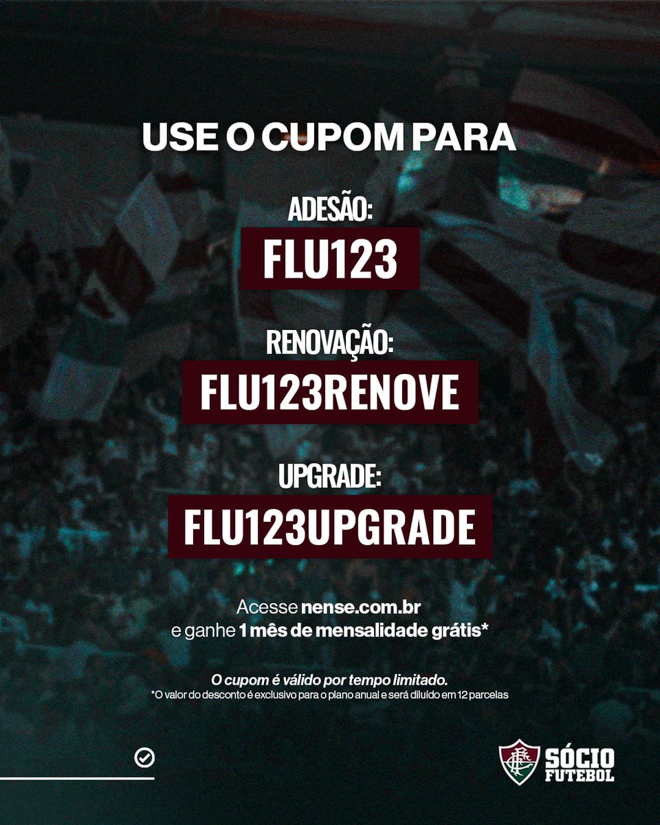 SocioDoFlu's tweet image. TÁ CHEGANDO O ANIVERSÁRIO DO NOSSO GRANDE AMOR! ❤️💚
E pra comemorar temos cupons exclusivos! Use 𝐅𝐋𝐔𝟏𝟐𝟑 para adesões, 𝐅𝐋𝐔𝟏𝟐𝟑𝐑𝐄𝐍𝐎𝐕𝐄 para renovações e 𝐅𝐋𝐔𝟏𝟐𝟑𝐔𝐏𝐆𝐑𝐀𝐃𝐄 para upgrades em nense.com.br!
