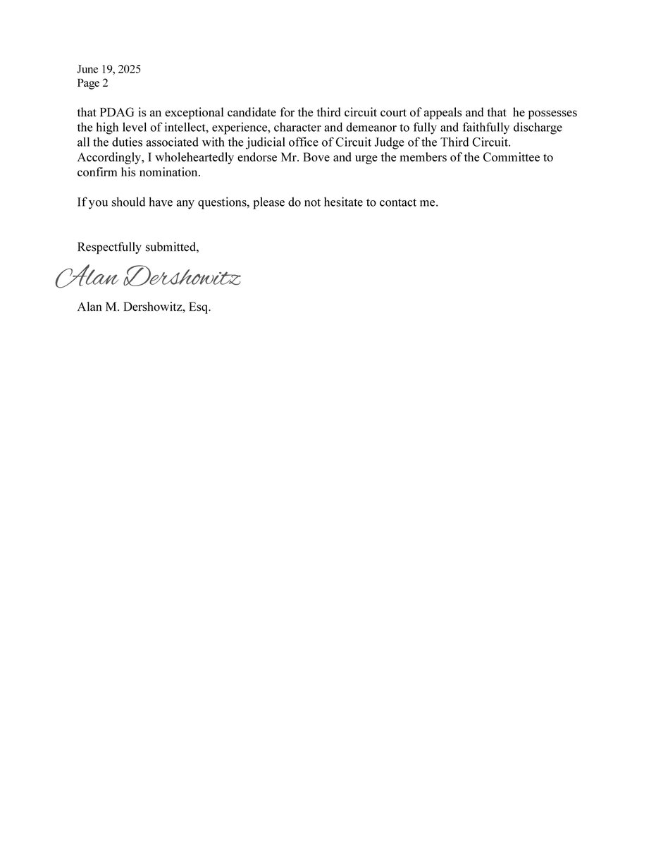 NEWS: Jeffrey Epstein’s lawyer Alan Dershowitz submits a letter in support for Trump judicial nominee Emil Bove
