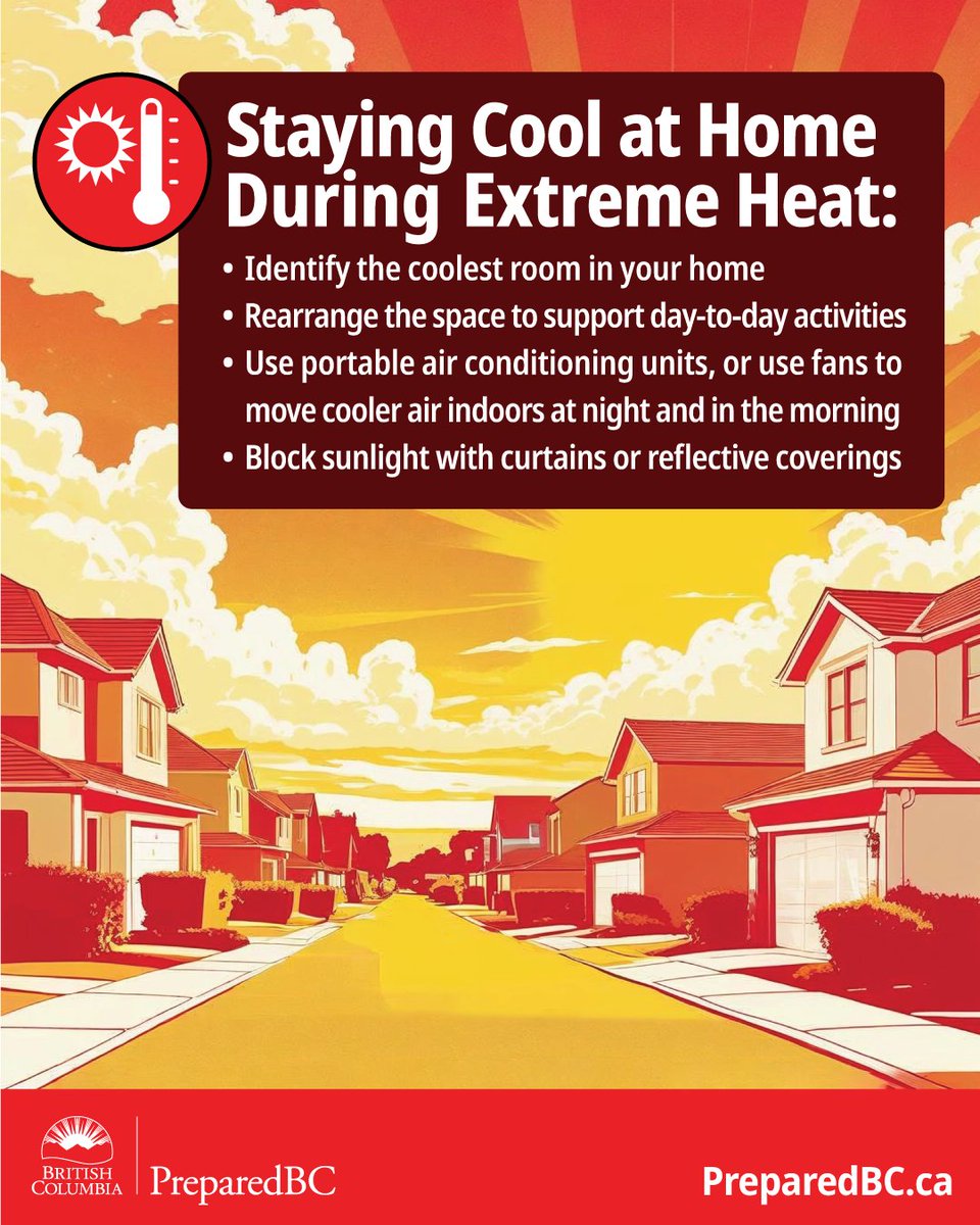 PreparedBC's tweet image. Beat the summer heat with this tip! ☀️
During an extreme heat event, some areas of your home will naturally stay cooler than others.
Prepare by identifying the coolest room & plan to stay there during the hottest hours of the day ✔️
More tips: PreparedBC.ca/ExtremeHeat