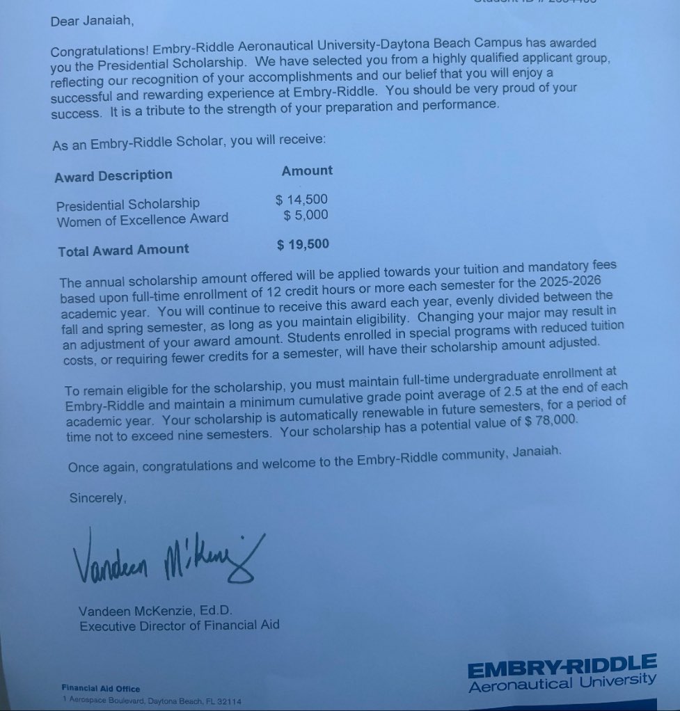🎉 Congrats to Janaiah Richelieu, our standout Aerospace student at Boyd H. Anderson HS, named an Embry-Riddle President’s Scholar! 🚀 Your excellence sets the bar high. The sky isn’t the limit — it’s just the beginning! 🌟✈️ #CobraPride #STEMLeadership #embryriddle