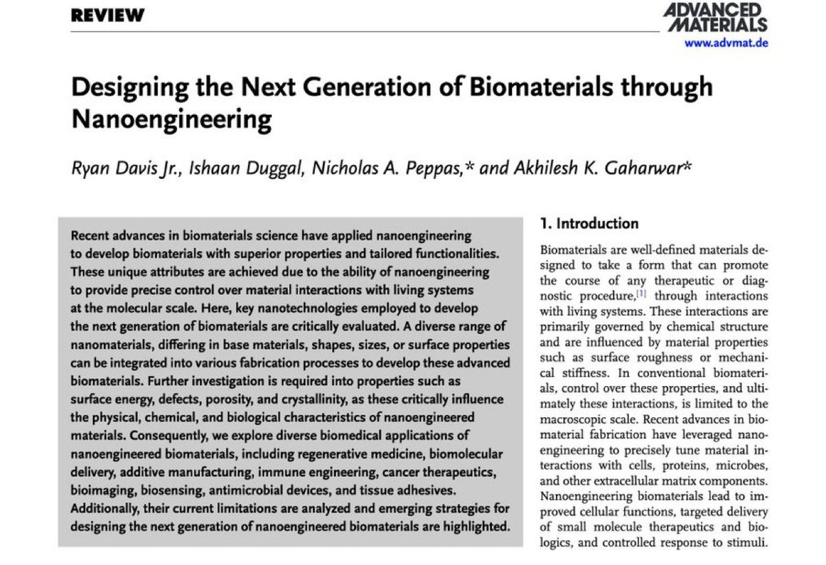 Nicholas A. Peppas (@npeppas) on Twitter photo Our latest review is out in Advanced Materials! We explore how nanoengineering enables precise control over biomaterial biological interactions for diverse biomedical applications. <a href="/NPeppas/">Nicholas A. Peppas</a> <a href="/AKGaharwar/">Akhilesh K Gaharwar</a>
advanced.onlinelibrary.wiley.com/doi/10.1002/ad… Our latest review is out in Advanced Materials! We explore how nanoengineering enables precise control over biomaterial biological interactions for diverse biomedical applications. <a href="/NPeppas/">Nicholas A. Peppas</a> <a href="/AKGaharwar/">Akhilesh K Gaharwar</a>
advanced.onlinelibrary.wiley.com/doi/10.1002/ad…