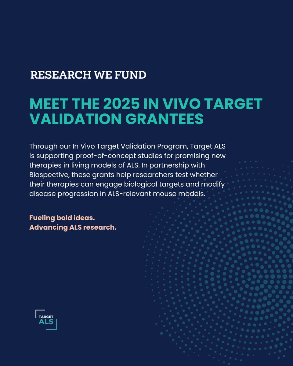 TargetALS_fdn's tweet image. In collaboration with Biospective, we fund our In Vivo Target Validation Program, an initiative that helps researchers test whether experimental therapies can engage disease targets and modify ALS progression.
Meet the 2025 grantees and learn more: bit.ly/4kHAqMs
