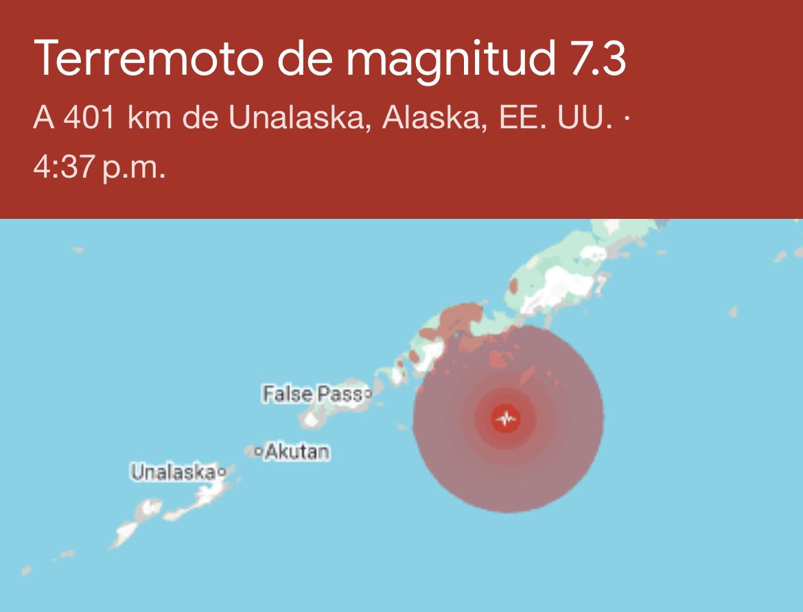 Karina SánchezCampos (@karisanchezc) on Twitter photo Alerta de tsunami emitida.
Fuerte sismo de magnitud 7.3 sacude las costas de Alaska.
Ayer se produjo otro de menor intensidad… Alerta de tsunami emitida.
Fuerte sismo de magnitud 7.3 sacude las costas de Alaska.
Ayer se produjo otro de menor intensidad…