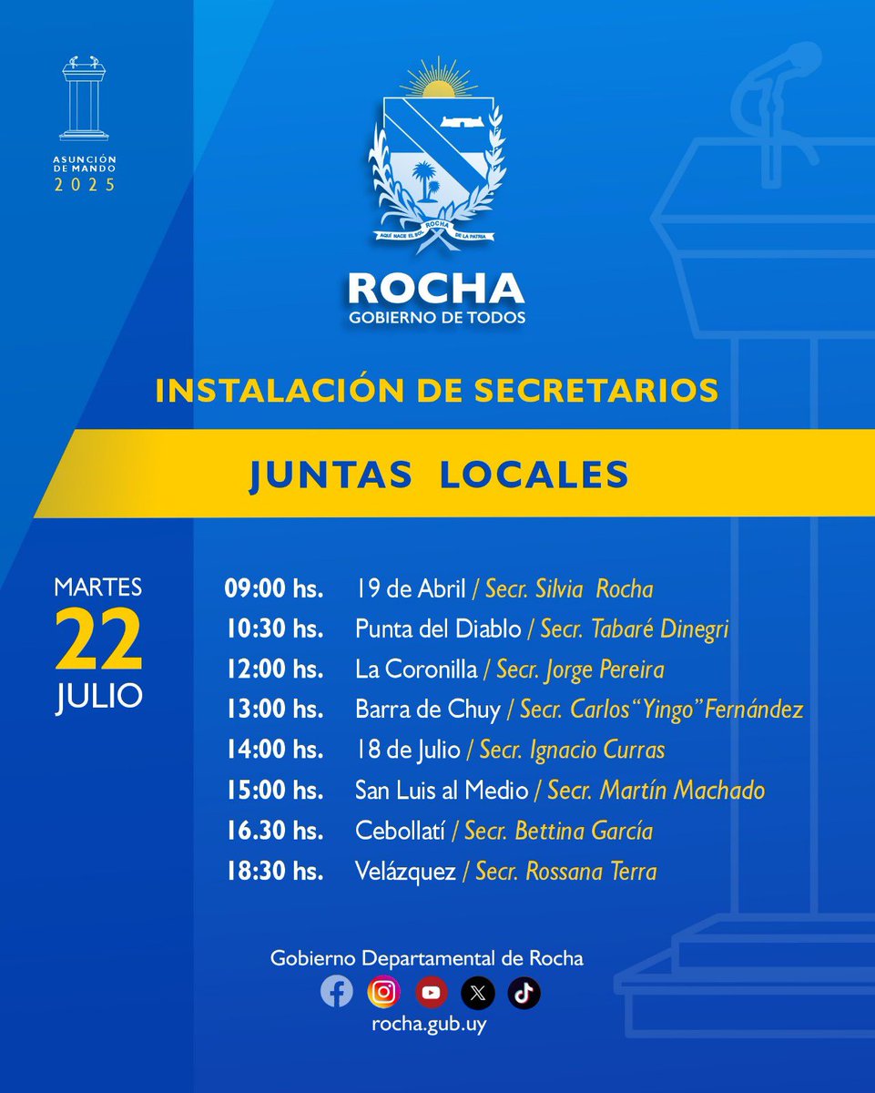 ℹ️ASUNCIÓN DE JUNTAS LOCALES

💬El próximo martes 22 de julio, se llevarán adelante las distintas asunciones de mando correspondientes a las juntas locales del departamento.

👉🏻En la ilustración brindamos horarios correspondientes por localidad y las autoridades que asumen.