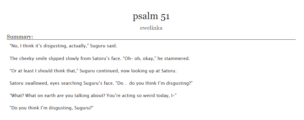 werewolfalert's tweet image. psalm 51 - chapter 2 out of 4
༚ ongoing, currently 8k words
༚ religious trauma
archiveofourown.org/works/67321507…
#夏五 #satosugu