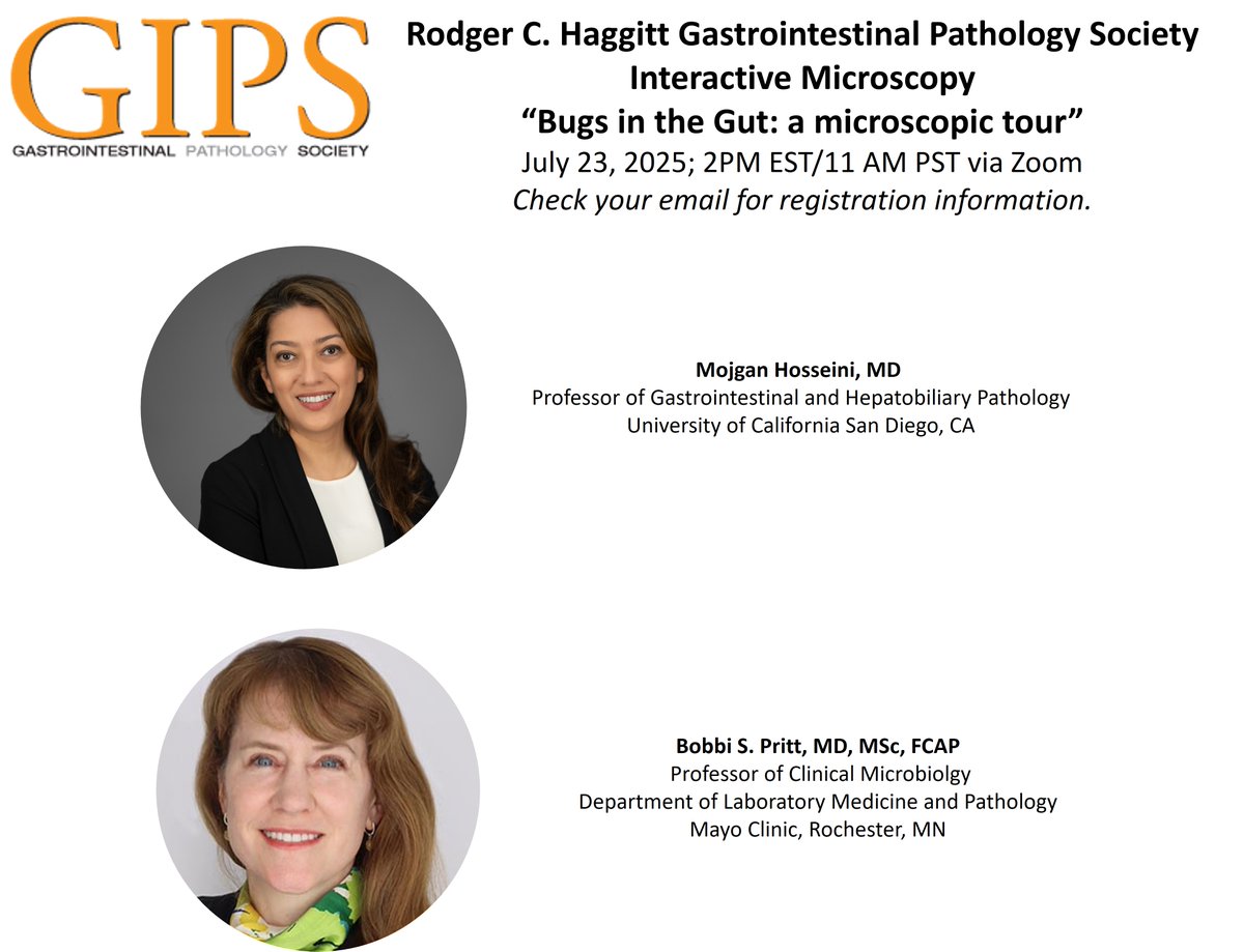 GIPS (GI Pathology Society) (@usgips) on Twitter photo Don’t miss our next (free to members!) Interactive Microscopy session: “Bugs in the Gut: A Microscopic Tour” 🦠
📅 July 23 | 🕑 2 PM EST | 💻 Zoom
📧 Check your email for registration!
#PathTwitter #GIPath #GIPS Don’t miss our next (free to members!) Interactive Microscopy session: “Bugs in the Gut: A Microscopic Tour” 🦠
📅 July 23 | 🕑 2 PM EST | 💻 Zoom
📧 Check your email for registration!
#PathTwitter #GIPath #GIPS