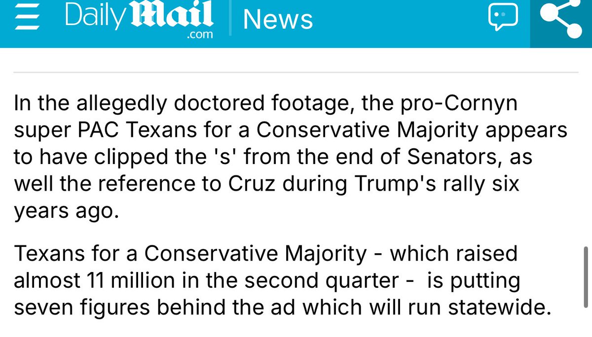 Laura Loomer (@lauraloomer) on Twitter photo BOOM!
My exclusive report about <a href="/JohnCornyn/">Senator John Cornyn</a> doctoring President Trump’s voice in an ad for his Senate campaign that I scooped a full 15 hours before he even launched the ad on TV just got picked up by <a href="/Daily_MailUS/">Daily Mail US</a>.
Very deceptive behavior by <a href="/TeamCornyn/">Team Cornyn</a> that seeks to deceive BOOM!
My exclusive report about <a href="/JohnCornyn/">Senator John Cornyn</a> doctoring President Trump’s voice in an ad for his Senate campaign that I scooped a full 15 hours before he even launched the ad on TV just got picked up by <a href="/Daily_MailUS/">Daily Mail US</a>.
Very deceptive behavior by <a href="/TeamCornyn/">Team Cornyn</a> that seeks to deceive