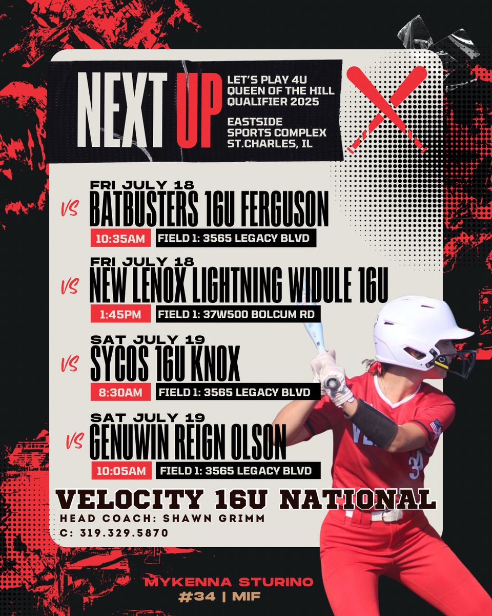 Mykenna Sturino (@msturino34) on Twitter photo I play in St. Charles, IL this weekend. Here is my weekend schedule. Hope to see you there! <a href="/Velo_16_Nat_G/">Velocity 16u National – Grimm</a> <a href="/Velo_Softball/">Velocity Softball</a> I play in St. Charles, IL this weekend. Here is my weekend schedule. Hope to see you there! <a href="/Velo_16_Nat_G/">Velocity 16u National – Grimm</a> <a href="/Velo_Softball/">Velocity Softball</a>
