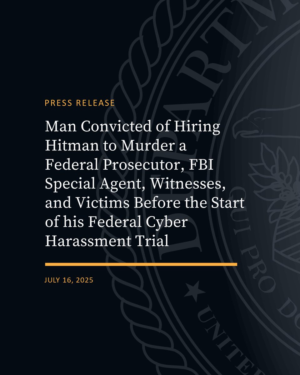 USAO_SDFL's tweet image. Man Convicted of Hiring Hitman to Murder a Federal Prosecutor, FBI Special Agent, Witnesses, and Victims Before the Start of his Federal Cyber Harassment Trial
🔗justice.gov/usao-sdfl/pr/m…
@FBIMiamiFL