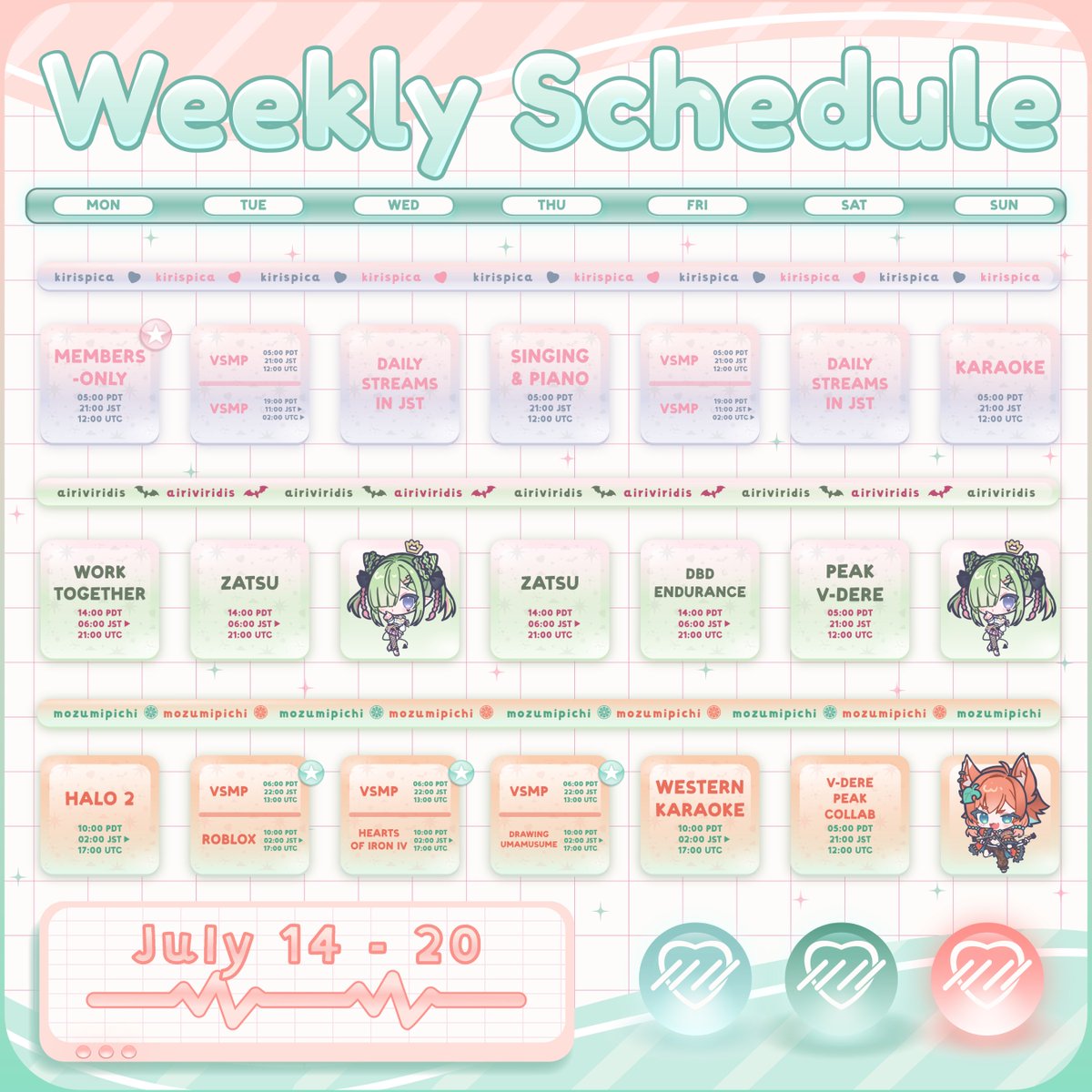 VirtualDere's tweet image. ใ๐Weekly Schedule July 14 โ 20ใ
So many streams this week! It's 32 scheduled streams (without counting Tomoe's week of surprises ๐ด) The girls are working hard!! ๐ฅ Let's cheer on our oshis during such a busy time! ๐๐ซถ
V-Dere BEAM!! ๐ฉท๐ค๐งก๐๐๐