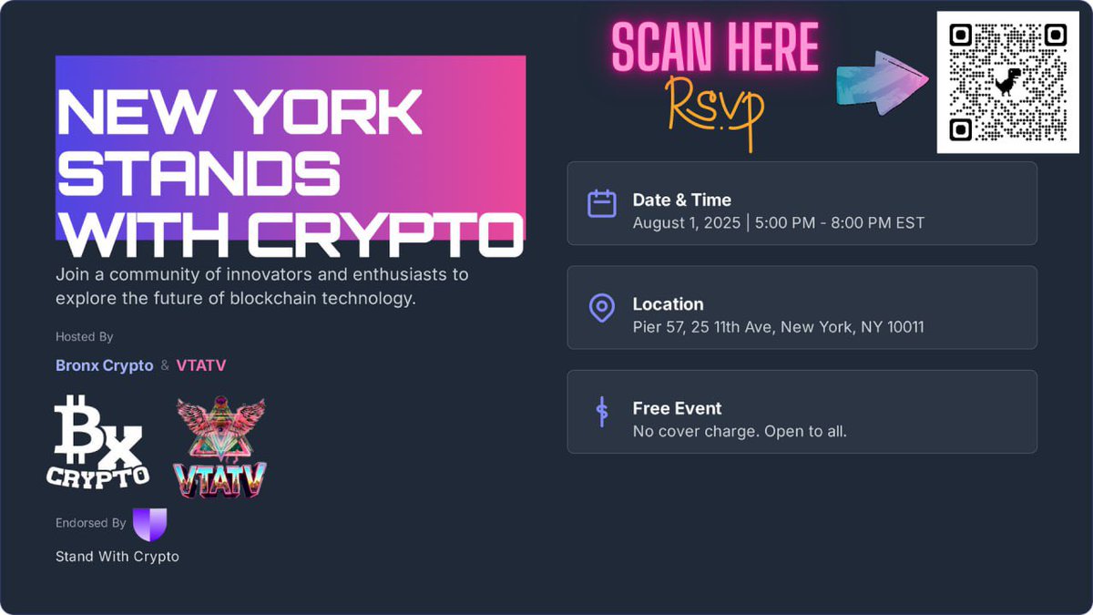 NYC, mark your calendars! 

New York Stands With Crypto is back Aug 1st:

✔️ Blockchain basics
✔️ Web3 career paths
✔️ No experience needed

🗓️ Aug 1 | 5–8 PM
📍 Pier 57, NYC

Hosted by <a href="/BronxCrypto/">BronxCrypto 🏦💹🧲 🍑</a> &amp; @VTATV_Events