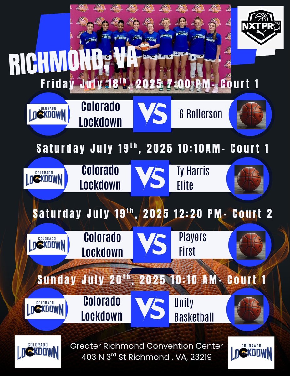 Here is my schedule for this upcoming coming weekend in Richmond, VA with <a href="/elite_lockdown/">Colorado Lockdown</a> on the <a href="/PRO16G/">PRO16/NXTPRO Girls League</a> circuit!  Excited to play with my teammates again!!