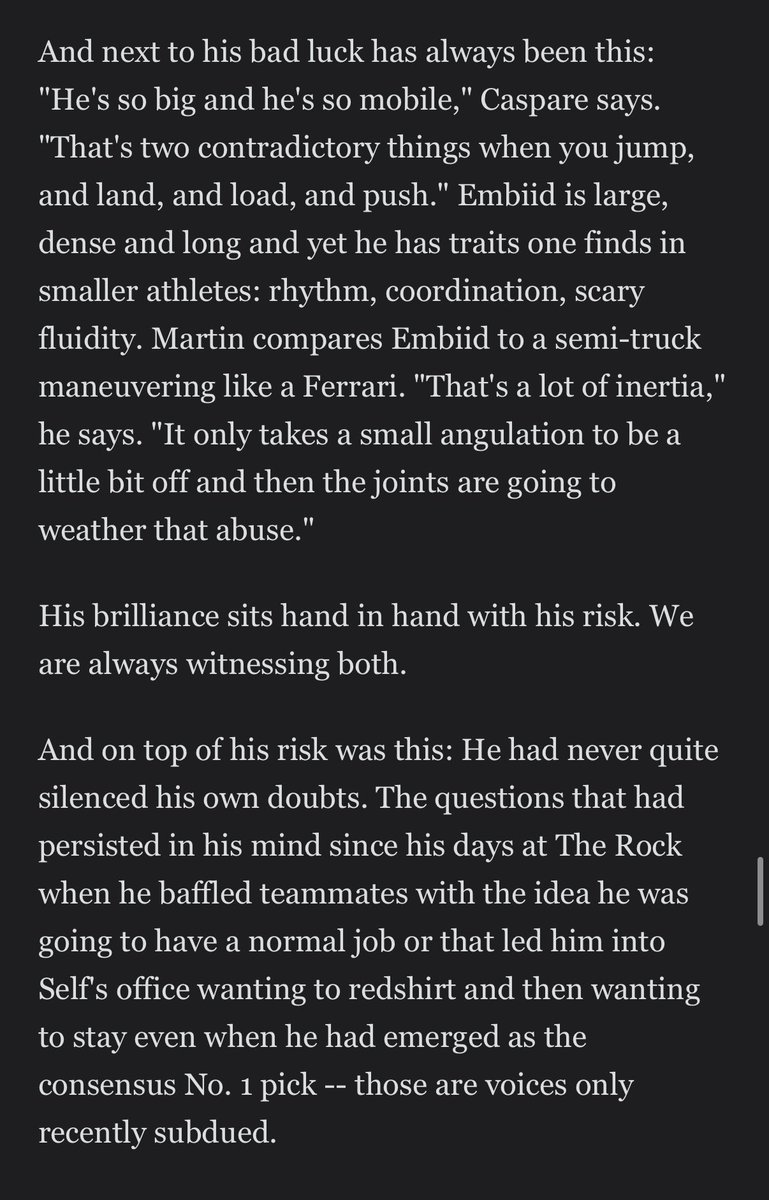 MattSags's tweet image. After reading the entire ESPN article this stands out to me the most.
“His brilliance sits hand in hand with his risk. We are always witnessing both”
You can’t describe watching Embiid playing basketball. His play got me back into Sixers basketball and I will forever defend him