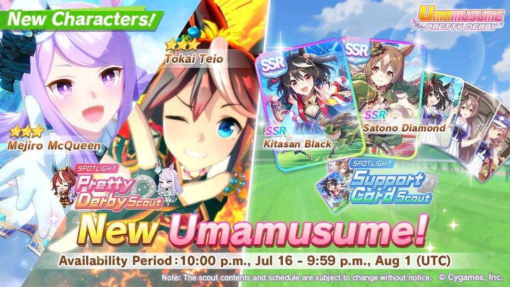 umamusume_eng's tweet image. New Pretty Derby Scouts and Support Card Scouts have arrived!
New Trainees:
3★ Tokai Teio and 3★ Mejiro McQueen
New Support Cards:
SSR Kitasan Black
SSR Satono Diamond
#Umamusume