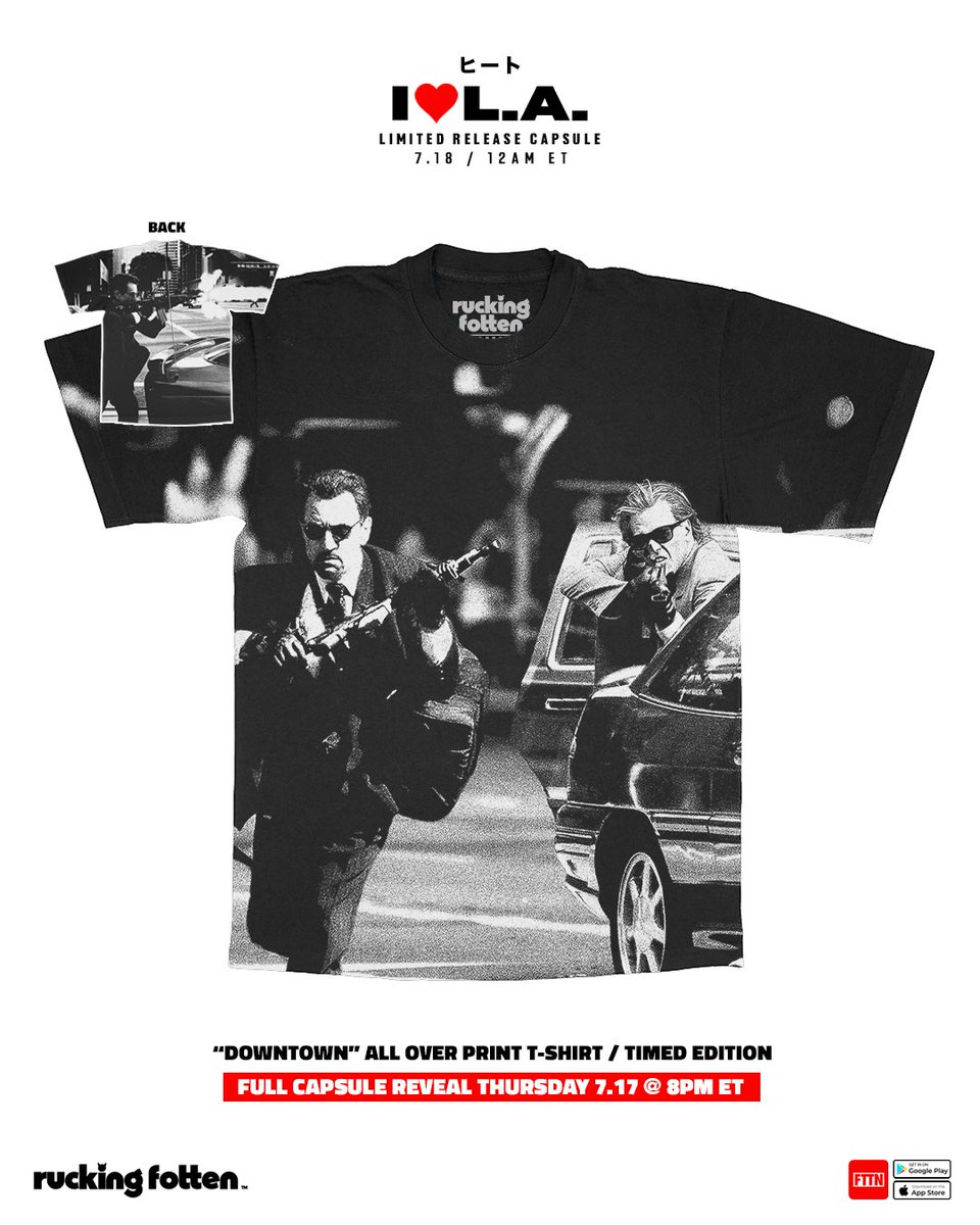 Ruckingfotten's tweet image. Presenting the timed editions for our I ❤️ L.A. capsule paying tribute to the greatest crime drama of all time, HEAT.
Full capsule reveal TOMORROW 7.17 @ 8PM ET
Releasing FRIDAY 7.18 @ 12AM ET / Early access available @ 11:30PM ET exclusively on the FTTN App