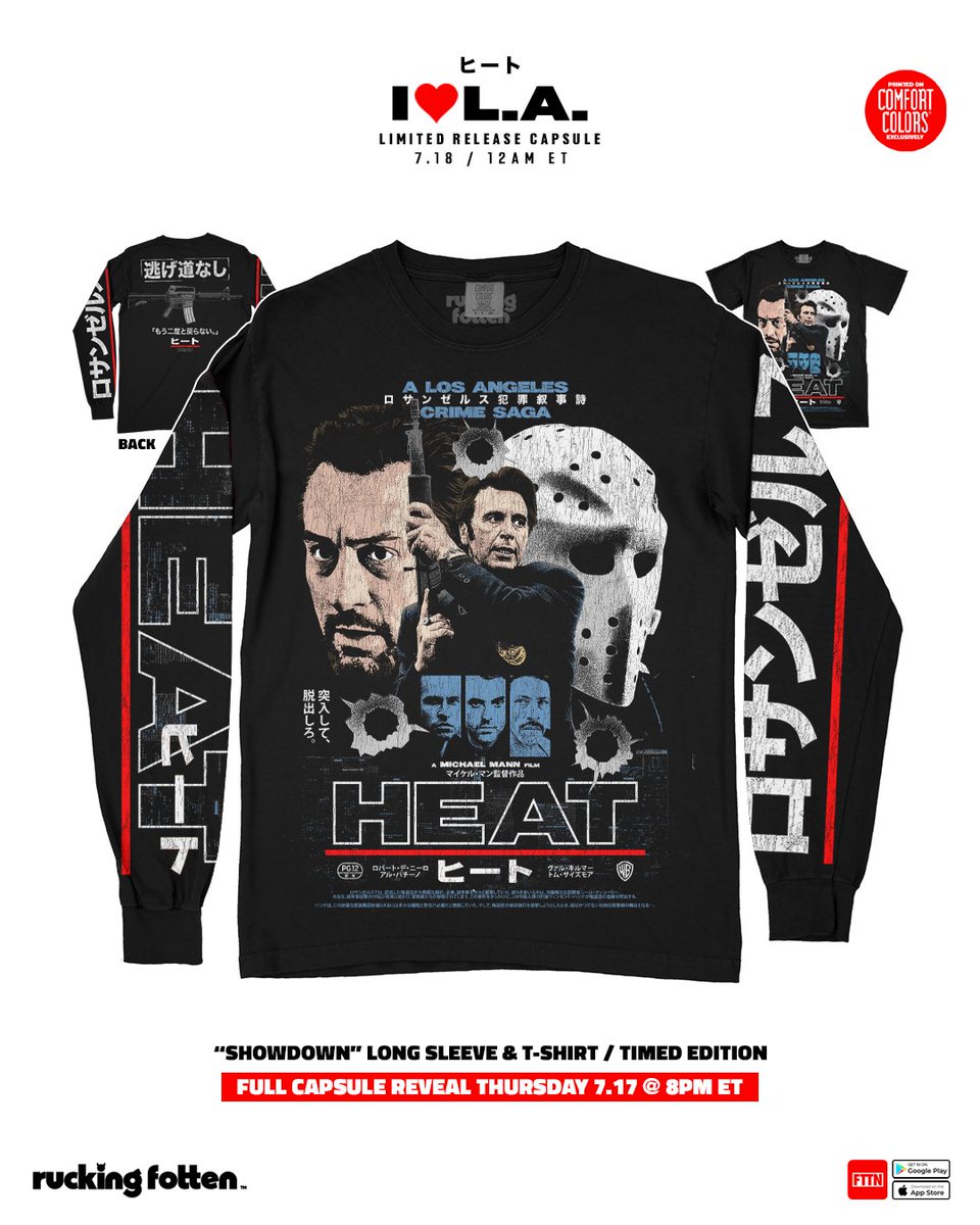 Ruckingfotten's tweet image. Presenting the timed editions for our I ❤️ L.A. capsule paying tribute to the greatest crime drama of all time, HEAT.
Full capsule reveal TOMORROW 7.17 @ 8PM ET
Releasing FRIDAY 7.18 @ 12AM ET / Early access available @ 11:30PM ET exclusively on the FTTN App