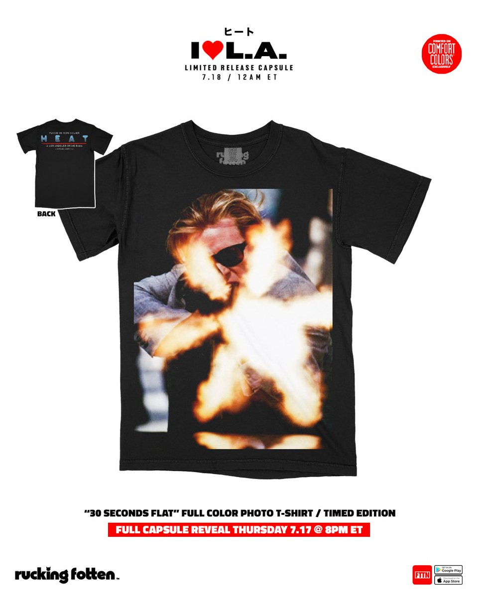 Ruckingfotten's tweet image. Presenting the timed editions for our I ❤️ L.A. capsule paying tribute to the greatest crime drama of all time, HEAT.
Full capsule reveal TOMORROW 7.17 @ 8PM ET
Releasing FRIDAY 7.18 @ 12AM ET / Early access available @ 11:30PM ET exclusively on the FTTN App