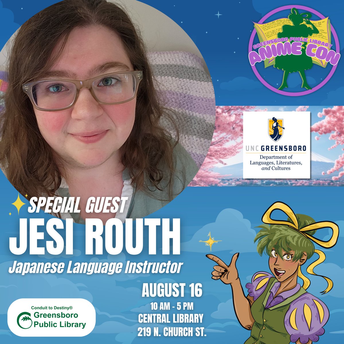 GSOLibrary's tweet image. What’s this?! Another special guest for GPL Anime Con, Jesi Routh!
Jesi is a Japanese Language instructor at UNCG. Having started her Japanese language journey through the discovery of Japanese music, she has pursued Japanese history, swordplay, and the writing system of Kanji.