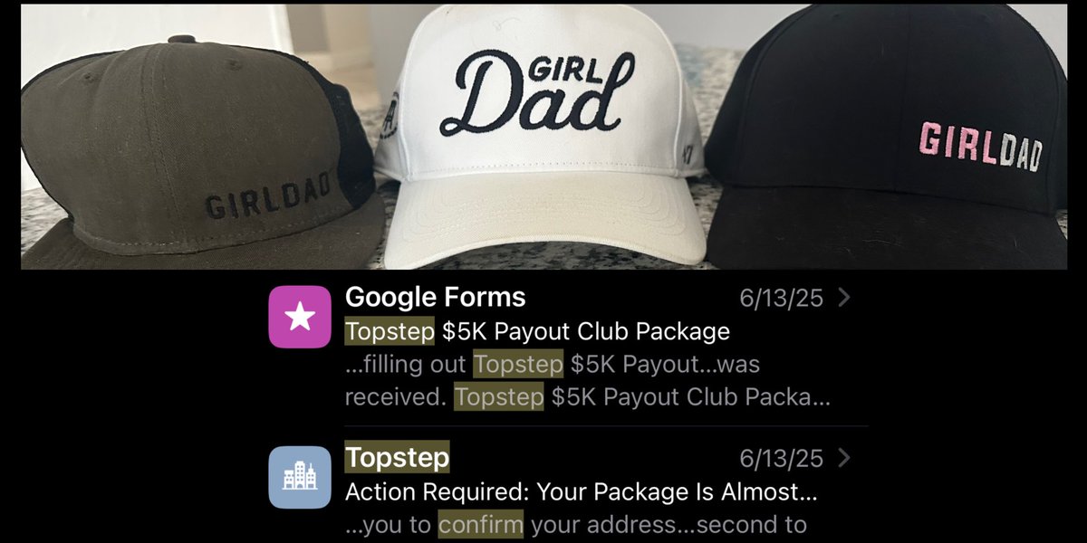GirlD4D's tweet photo. My latest is now 2months old. What hat will be next in the rotation? My 4th daughter and equivalent girl dad hat or my @Topstep package 😂🤣 #3under3 #GirlDad https://t.co/xg708Y7Psj