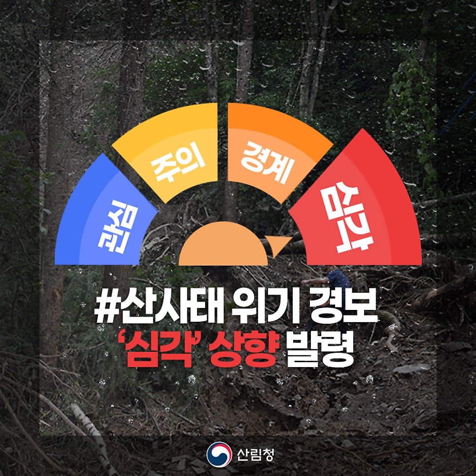 <#산사태위기경보 : 7월 17일 06시 30분 기준>

산림청은 오늘(17일) 06시 30분부로 ‘대전, 세종, 충북, 충남’ 지역의 위기경보를 ‘#심각’ 단계로, ‘경기, 강원’ 지역은 ‘#경계’ 단계로 #상향발령 합니다.

* 서울, 인천, 부산, 대구, 광주, 울산, 전북, 전남, 경북, 경남, 제주는 ‘주의’ 단계 유지