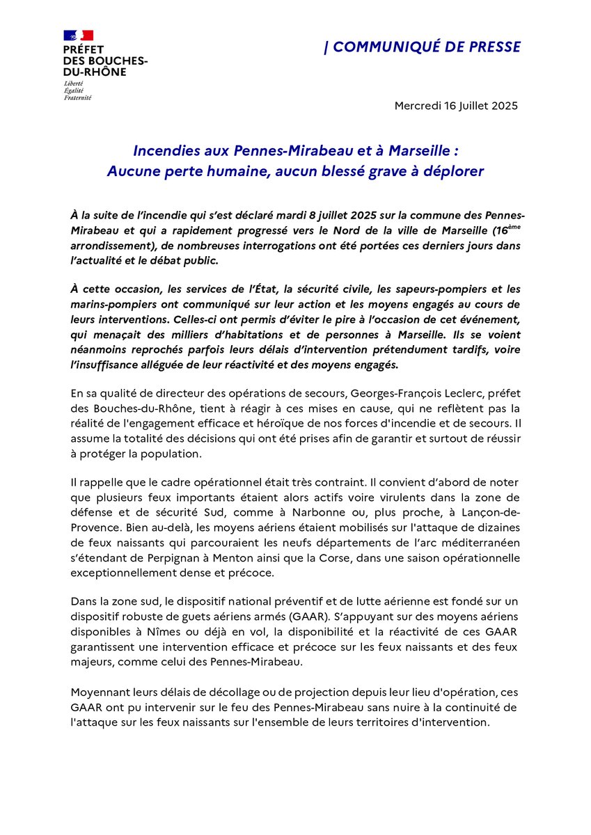 À la suite de l’incendie qui s’est déclaré le 8 juillet dernier aux Pennes-Mirabeau et dans le 16ème arrondissement de Marseille de nombreuses interrogations ont été portées ces derniers jours dans l’actualité.

Georges-François Leclerc, préfet des Bouches-du-Rhône, en sa qualité