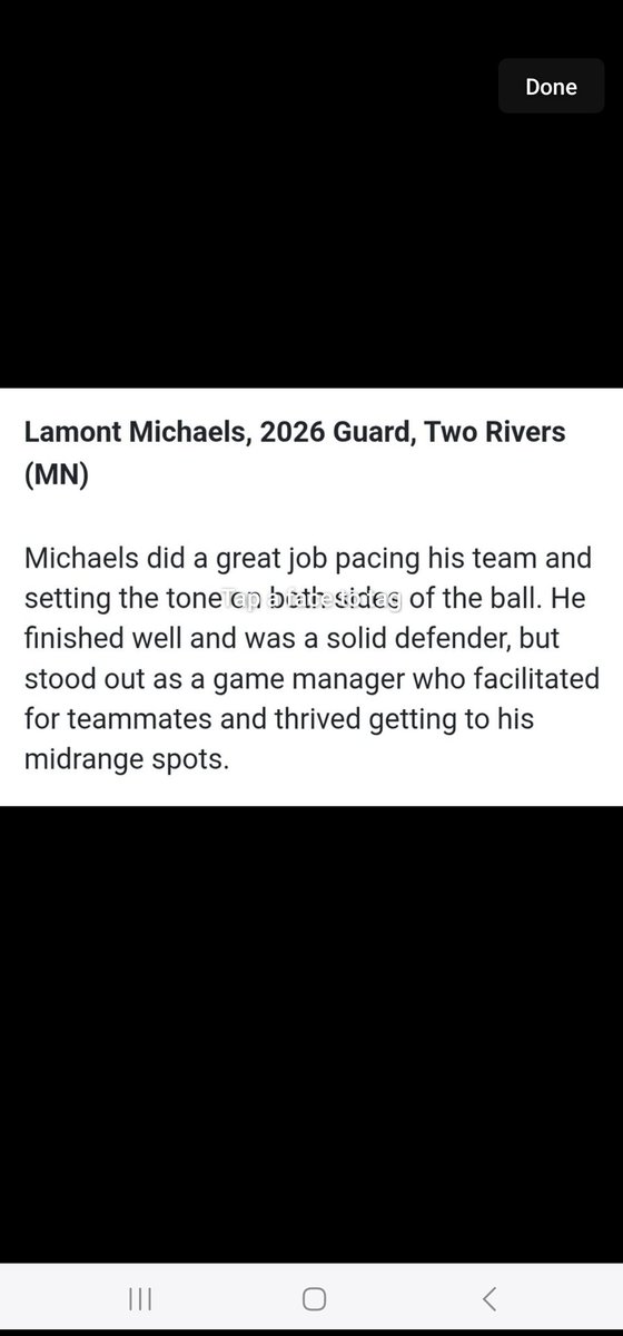 Lamont "Rell" Michaels  Two Rivers Mn Select Mantey. Write Up From Wisconsin Team Camp.  Keep Putting In Work Son.  Stay Blessed And Grateful For Everything Coming Your Way!  High IQ Elite Playmaker Great Court Vision Solid Defender.