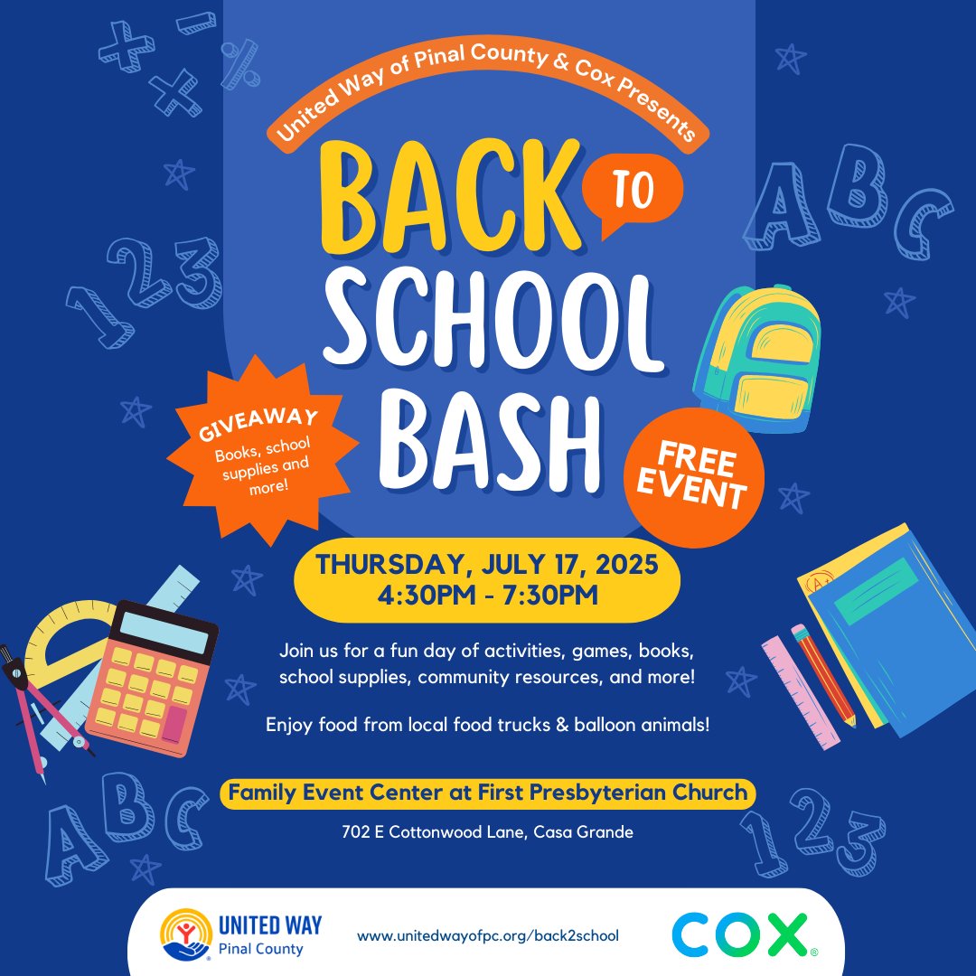 Be sure to join us tomorrow 4:30p-7:30p for the Back to School Bash. Over 24 great organizations will join us as we have 300+ backpacks, lunch coolers, school supplies, books, balloon animals, photo booth, a DJ &amp; more!

Thank you <a href="/CoxComm/">Cox</a> and see you all tomorrow for a fun event!
