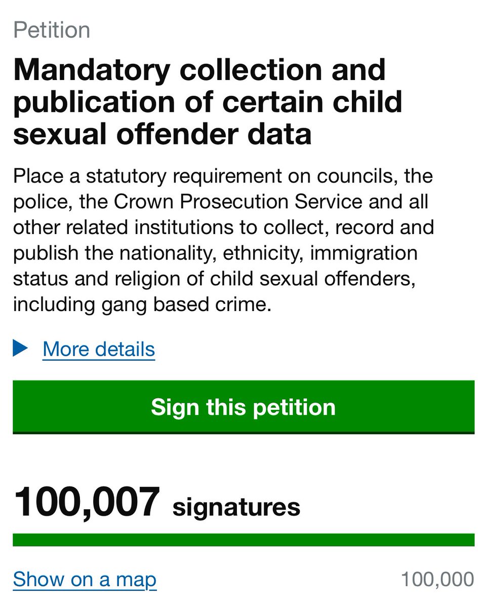 Petition launched at 14.42, and we’ve hit the required 100,000 signatures on the same day.

Incredible effort by all. Sincerely, thank you.

Now we can take the rape gang data campaign to Parliament, exactly where Starmer doesn’t want it.

Show us the full, ugly, brutal truth.