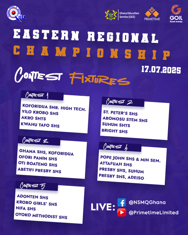 NSMQGhana's tweet photo. EASTERN REGIONAL CHAMPIONSHIP:
Aben sokooooooo!🤤
Clear your schedules wai! You cannot afford to miss this!💯
@Goil_Official
#NSMQ2025 #Primetime https://t.co/dltRyHsJsa