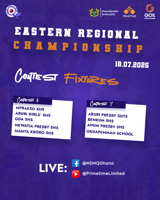 NSMQGhana's tweet photo. EASTERN REGIONAL CHAMPIONSHIP:
Aben sokooooooo!🤤
Clear your schedules wai! You cannot afford to miss this!💯
@Goil_Official
#NSMQ2025 #Primetime https://t.co/dltRyHsJsa