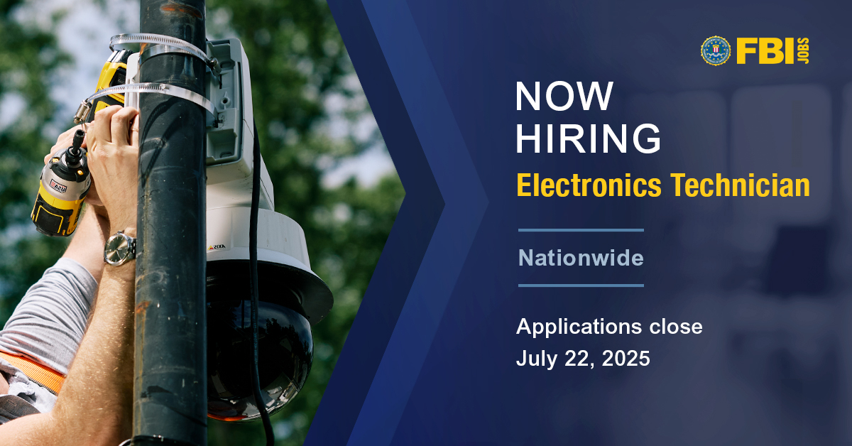 FBIJobs's tweet image. The FBI is hiring electronics technicians with expertise in radio and telecommunications systems to support investigations. You’ll work with emerging technology, gain specialized training, and advance your career in a role with national impact. Apply now.
ow.ly/AfiY50Wq7Yp