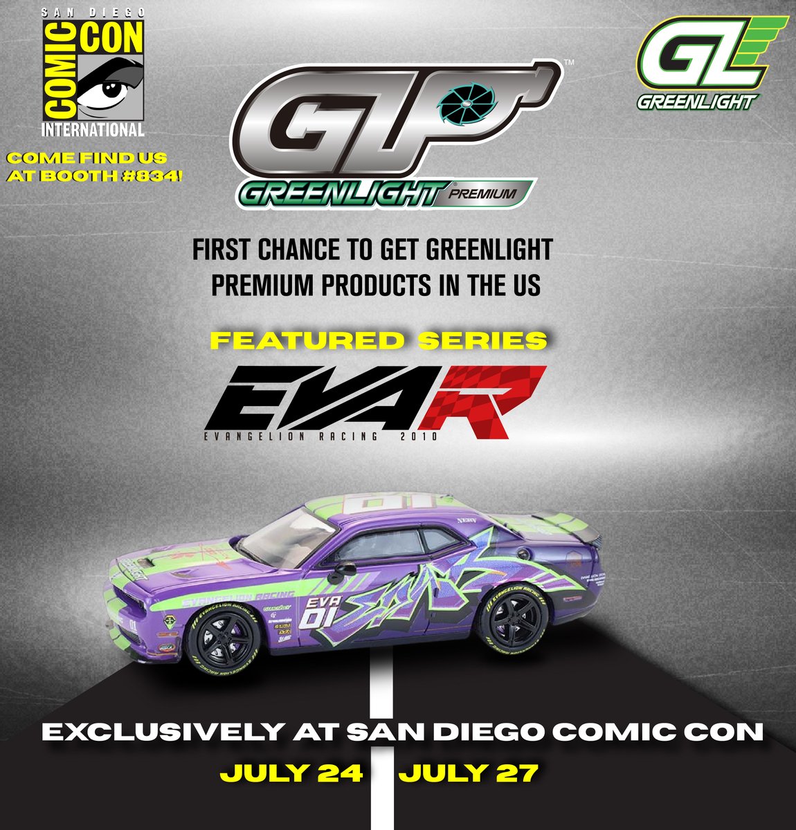 🚨 GLP hits the U.S.! 🚨
GreenLight Collectibles drops its 1:64 Dodge Challenger SRT Hellcat inspired by Evangelion — blending anime iconography with American muscle.

This marks the first U.S. release from GreenLight Premium!

#Evangelion #Diecast #GLPremium #1to64 #AnimeCars