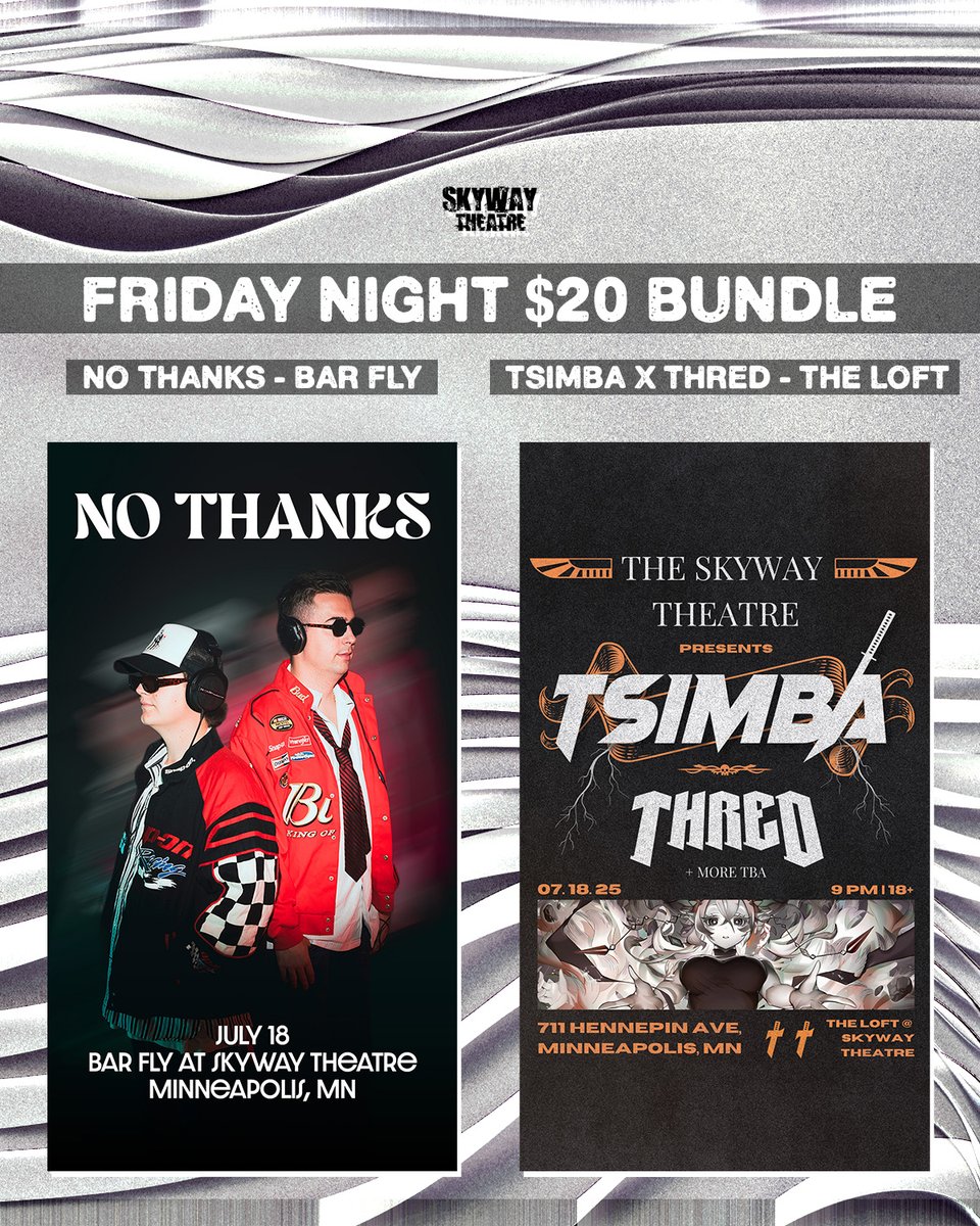 F-R-I-D-A-Y NIGHT!

Two amazing shows to kick off this weekend and for just $20 you can go to BOTH! That's right, grab a ticket to EITHER No Thanks in Bar Fly or Tsimba x Thred in The Loft on Friday night and you get access to both rooms ‼️

See ya this weekend!