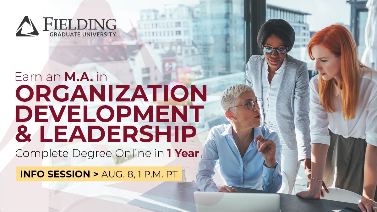 FieldingGradU's tweet image. Earn an M.A. online in Organization Development and Leadership. Complete Master’s Degree in 1 year. Register now for Aug. 8 info session with program director Dr. Okokon Udo: fielding.edu/event/m-a-in-o…
#organizationdevelopment
#organizationleadership
#ChangeTheWorldStartWithYours