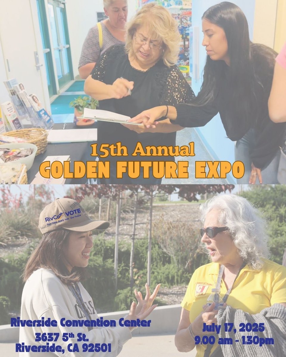 RivCoRegistrar's tweet image. Hey Riverside County!
Our Outreach Team will is looking forward to seeing you at the 15th Annual Golden Future Senior Expo!
---
¡Hola Condado de Riverside!
¡Nuestro Equipo de Extensión espera verte en la 15.ª Exposición Anual Golden Future para Personas Mayores!