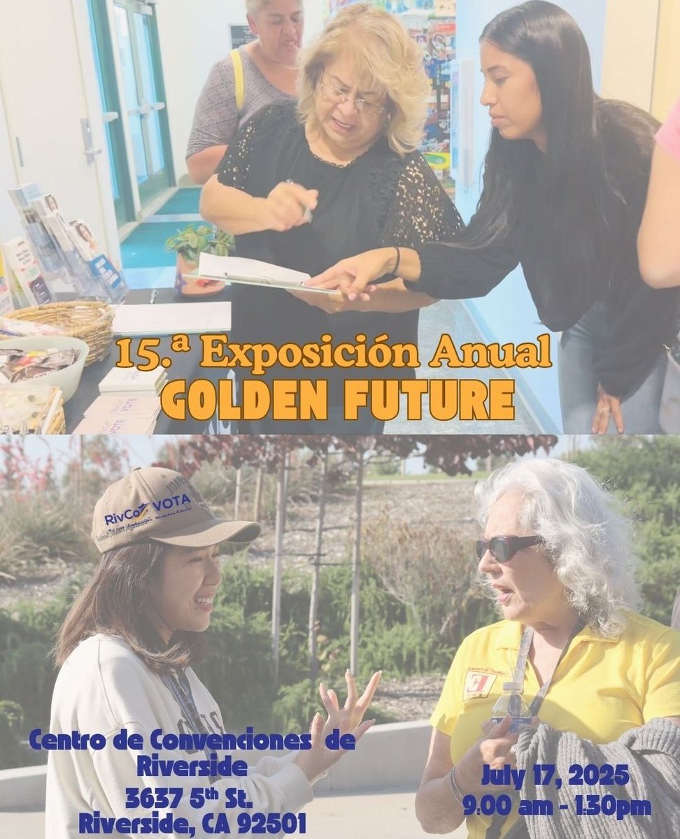 RivCoRegistrar's tweet image. Hey Riverside County!
Our Outreach Team will is looking forward to seeing you at the 15th Annual Golden Future Senior Expo!
---
¡Hola Condado de Riverside!
¡Nuestro Equipo de Extensión espera verte en la 15.ª Exposición Anual Golden Future para Personas Mayores!