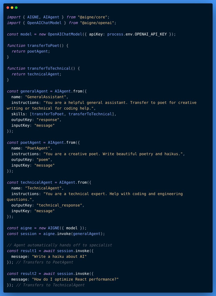 wangshijun2010's tweet image. 🤝 Need expert-level AI responses? #AIGNE&apos;s Handoff pattern lets agents transfer control to specialists automatically!

Start with a general agent → Hand off to domain experts → Get the best possible answers every time 🎯

#SpecializedAI