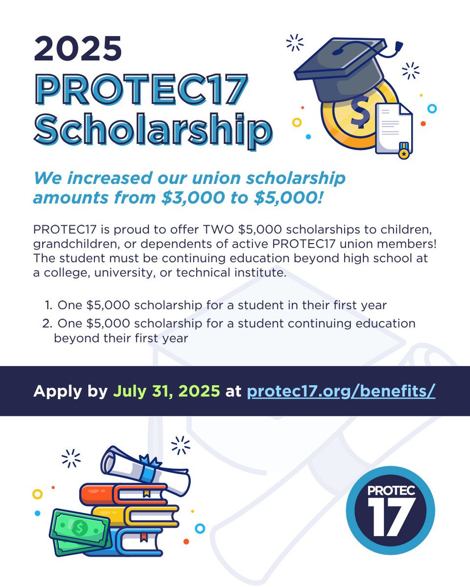 PTE17's tweet image. We know that the cost of living has only gotten worse, that's why we're proud to increase our PROTEC17 #UnionScholarship to $5,000 this year! ππΈ #UnionBenefits #MemberBenefits
π§βπ Full details and application at protec17.org/benefits/
π Apply by July 31, 2025