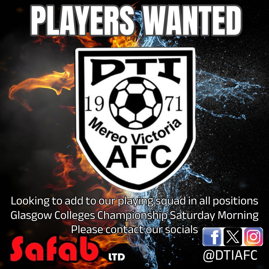 DTI AFC playing in the GCFA Championship. Home games at Glasgow green.
Looking for players to come into our Saturday Morning team for the upcoming season. Preseason ongoing.

If you or you know anyone that is interested, please message our socials or contact myself