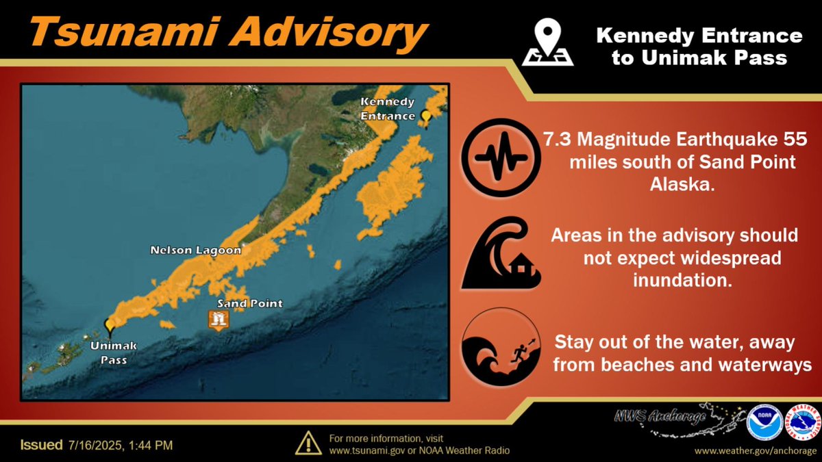 NWSAnchorage's tweet image. A Tsunami Advisory has been issued for the Alaska Peninsula areas from the Kennedy Entrance to Unimak Pass. Cities included are Cold Bay, Sand Point, and Kodiak. We can say with reasonable confidence that the Kenai Peninsula Borough locations will not see impacts.