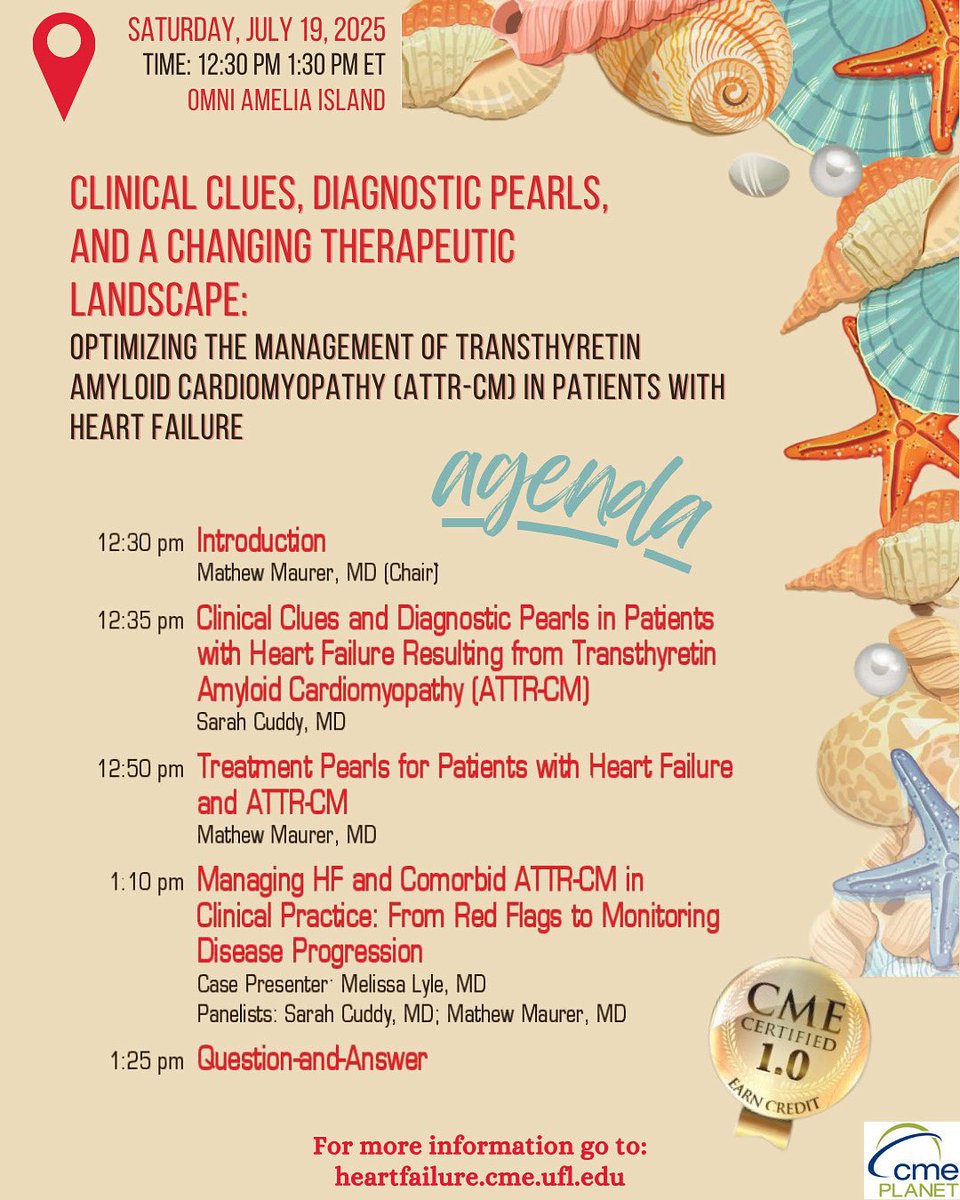CMEPlanet's tweet image. Can’t make it in person to Florida this week for the HFMC?
Catch our program on managing hyperkalemia in heart failure LIVE at youtube.com/@cmeplanet at
12:30 PM ET this Saturday, July 19.
Check out the agenda below! #hfm2025 #cme #hearthealth #cardiology #attrcm #hfmc