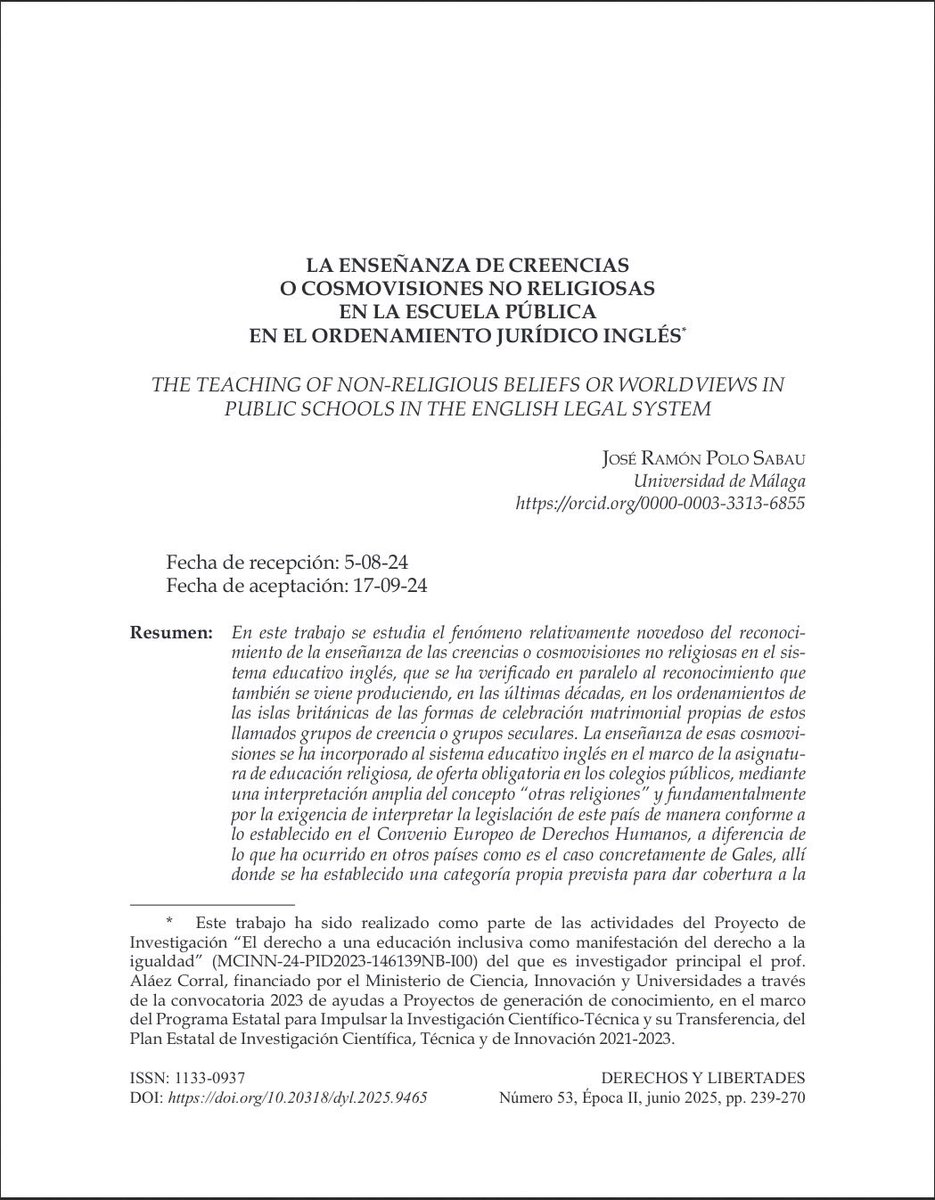 📘 #RevistaDerechosyLibertades Nº 53 (2025) <a href="/idhbc_uc3m/">Derechos Humanos (IDHPB)</a> <a href="/uc3m/">UC3M</a> <a href="/dykinsonlibros/">Librería - Editorial Dykinson 📚</a>

📣 Hoy en la sección #Artículos ✍🏼 “La enseñanza de creencias o cosmovisiones no religiosas en la escuela pública” de #JoséRamónPoloSabau

⬇️ ¡Léelo aquí! ⬇️ #OpenAccess
🔗 doi.org/10.20318/dyl.2…