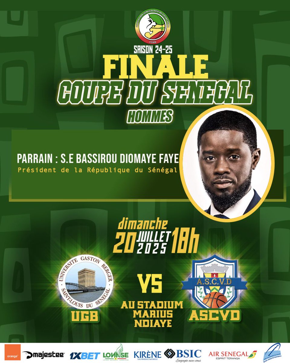 FSBBOFFICIEL's tweet image. FINALE COUPE DU SÉNÉGAL HOMMES 🇸🇳
🏆DU PRÉSIDENT DE LA RÉPUBLIQUE S.E BASSIROU DIOMAYE FAYE.
📆 DIMANCHE 20 JUILLET 2025
📍STADIUM MARIUS NDIAYE
⌚️1️⃣8️⃣H0️⃣0️⃣
🔜 UGB -- ASVD
#basketball🏀 #senegal ##fsbb #sénégal