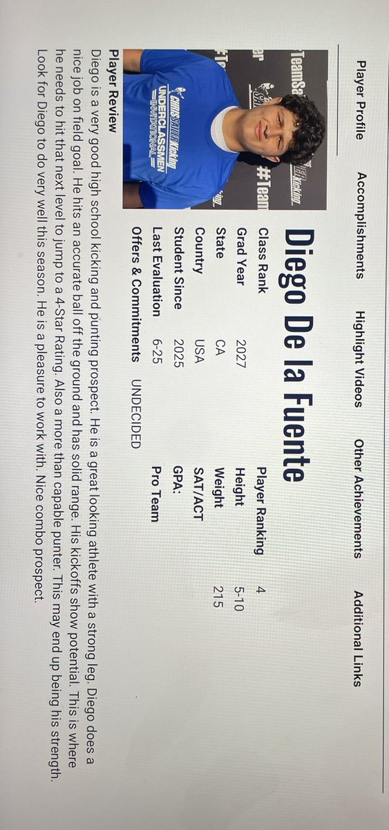 Diego De La Fuente (@_diegodlf) on Twitter photo After a great underclassmen invitational camp with <a href="/Chris_Sailer/">Chris Sailer Kicking</a> I am grateful to be ranked a 4⭐️ Punter and 3.5⭐️ Kicker. After a great underclassmen invitational camp with <a href="/Chris_Sailer/">Chris Sailer Kicking</a> I am grateful to be ranked a 4⭐️ Punter and 3.5⭐️ Kicker.