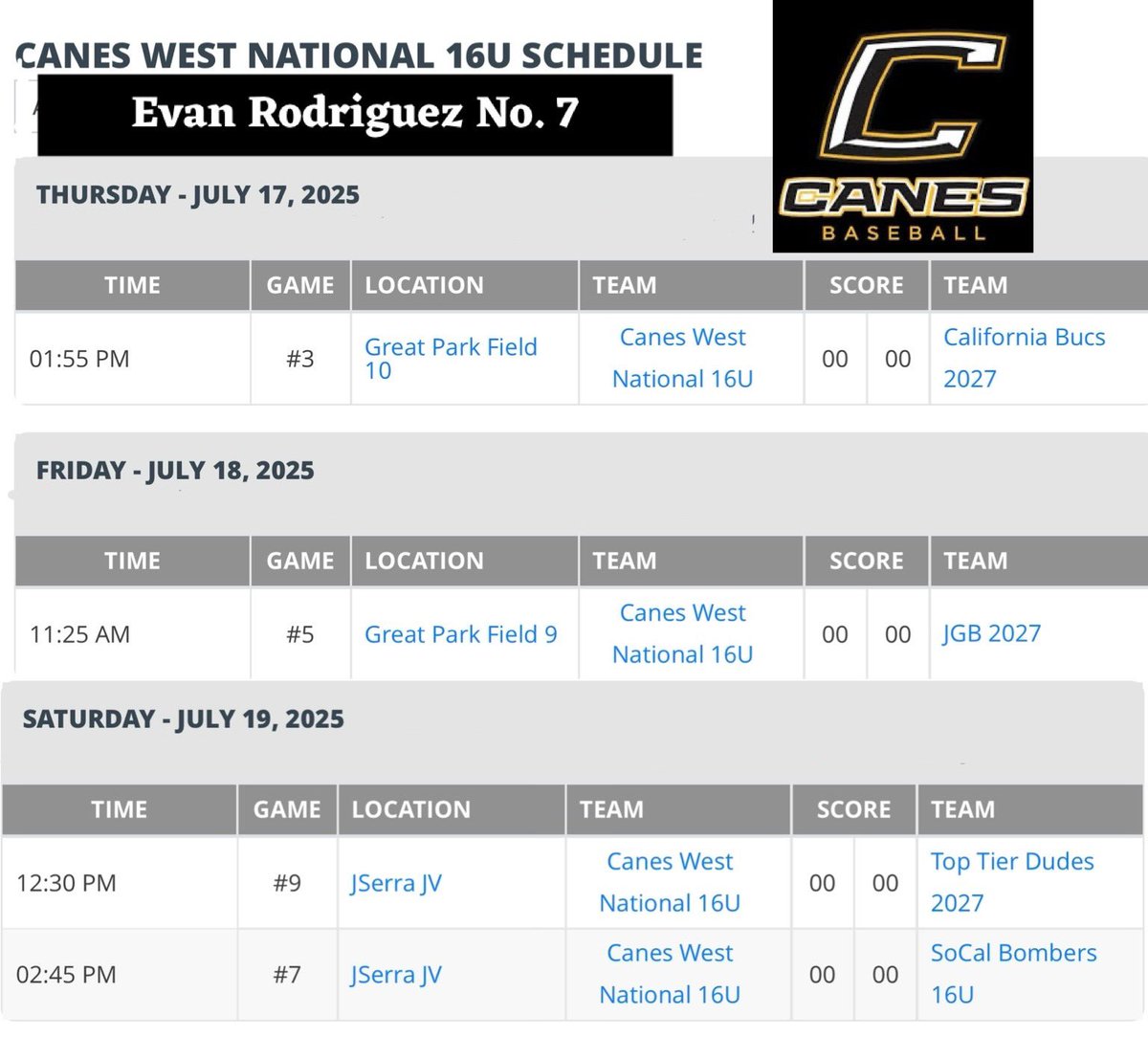 EvanRod2027's tweet image. Schedule for this weeks WCPI Tournament in Irvine, Ca. with @PrepBaseballCA & @TheCanesBBWest
