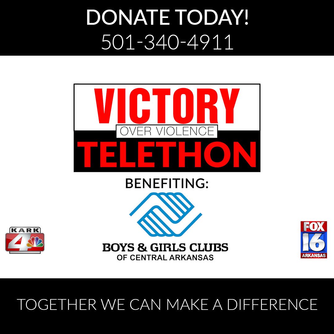 LauraMonteverdi's tweet image. Our Victory Over Violence telethon is going on right now!!
All donations between now and 10:30 pm will go directly to Boys and Girls Clubs of Central Arkansas!!
Call 501-340-4911 to make a donation!!!